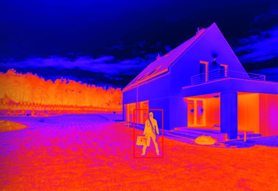 Ripresa termica notturna di un’abitazione: la telecamera riconosce una persona nel giardino al buio completo